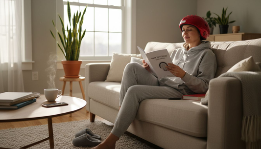 Woman using LED hair therapy cap at home