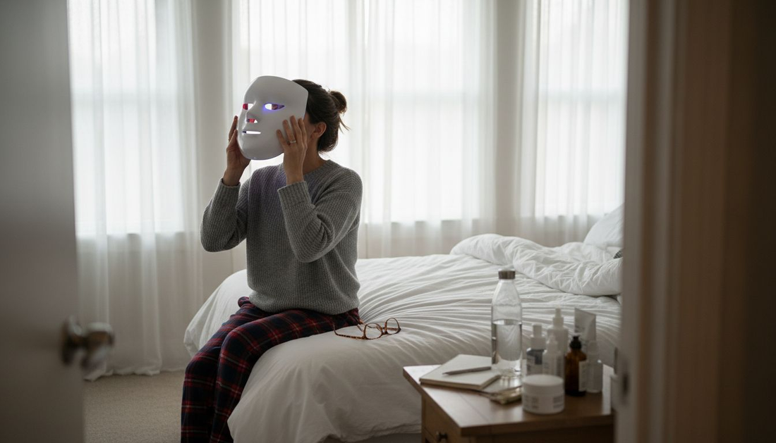 Woman using LED mask in bright bedroom