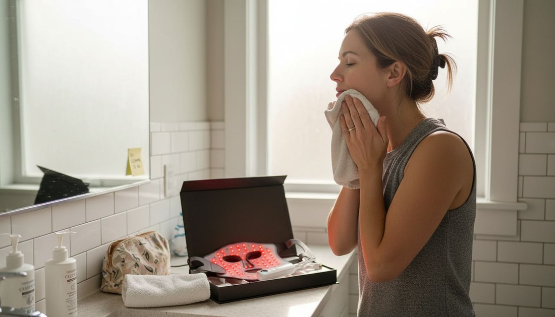 Woman cleansing face before LED therapy