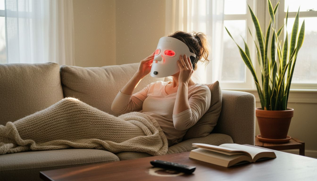 Woman using LED therapy mask at home