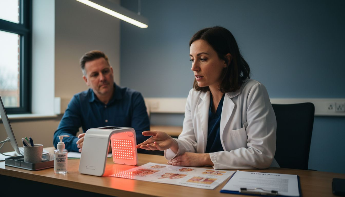 Dermatologist demonstrating skin therapy device