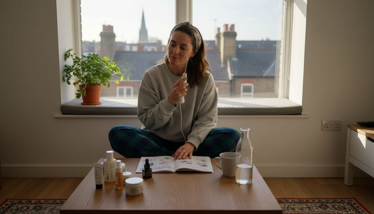 Woman using at-home skincare device near window