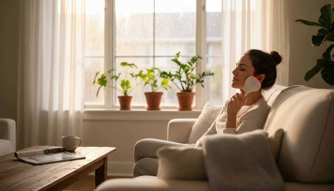 Woman using handheld infrared device at home