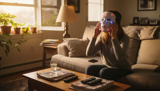 Woman adjusting LED face mask in living room