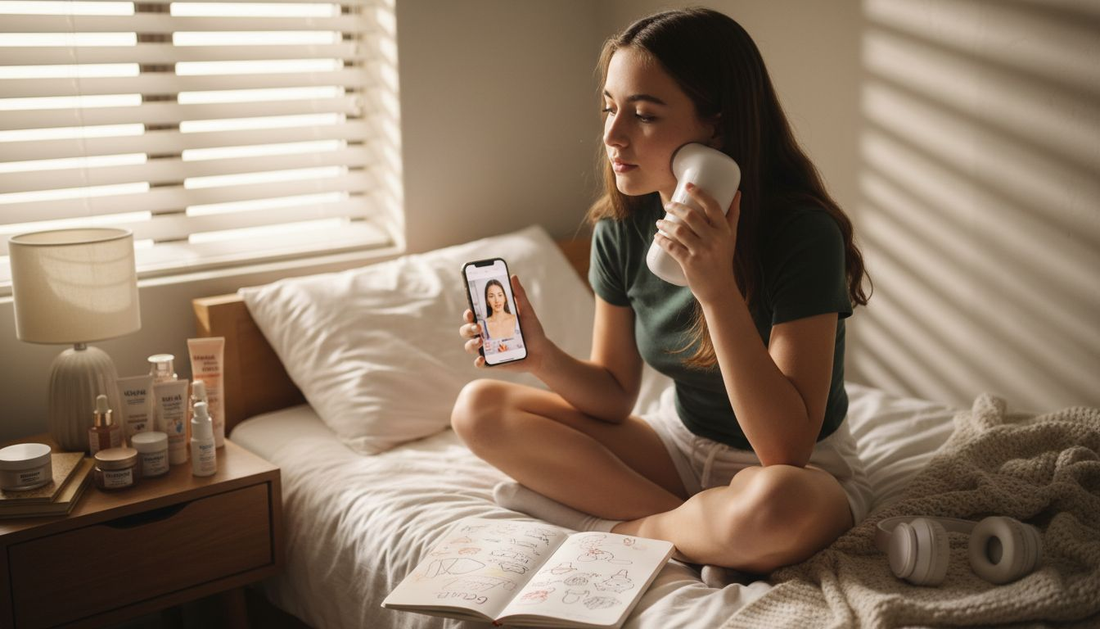 Teen using acne light therapy device at home
