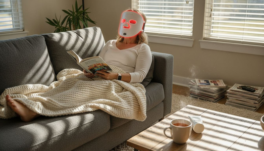 Woman wearing LED therapy mask relaxing at home