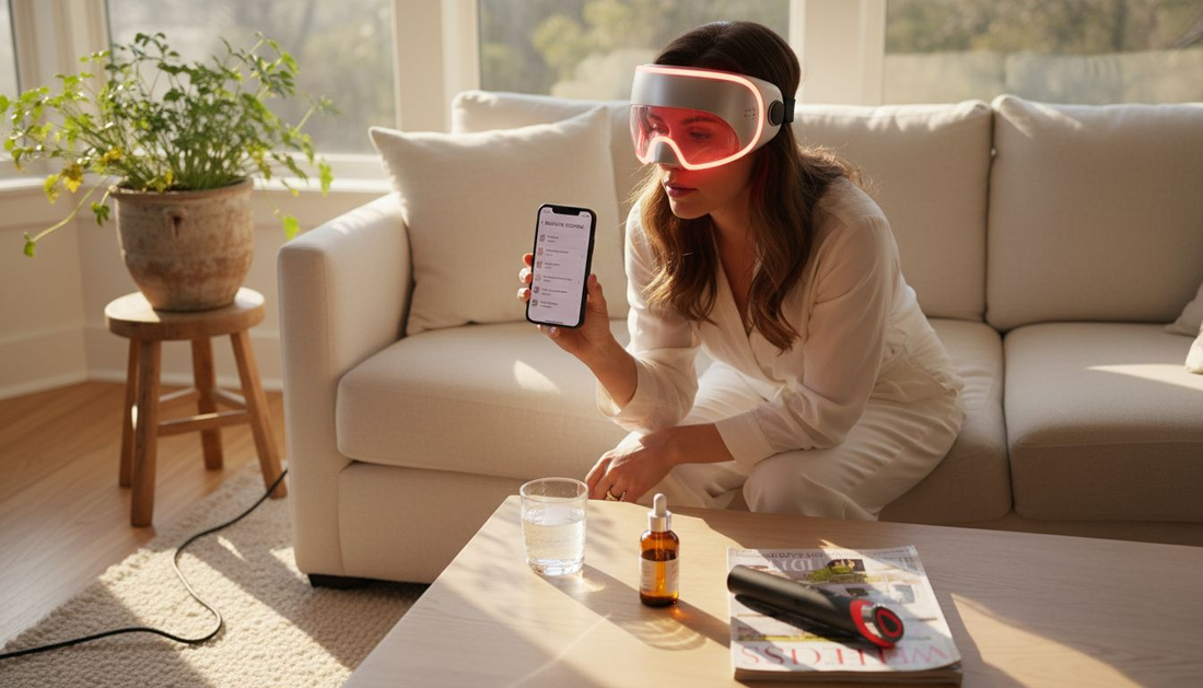 Woman using LED skincare mask at home