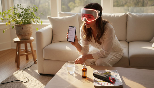 Woman using LED skincare mask at home