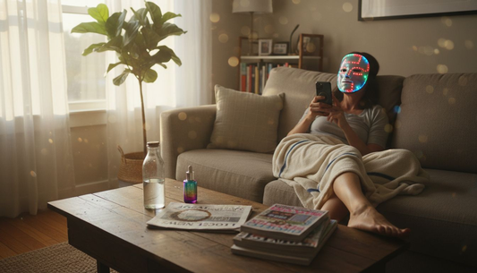 Woman using LED facial mask at home