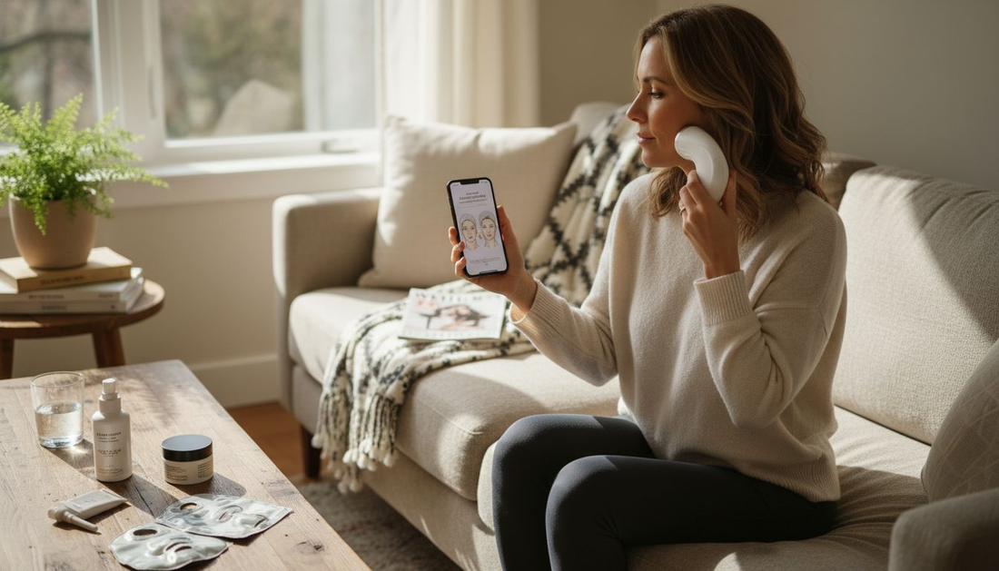 Woman using skin gadget on living room couch