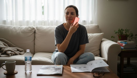 Woman using LED device for sensitive skin