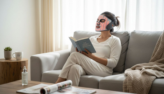 Woman in LED mask relaxing in living room
