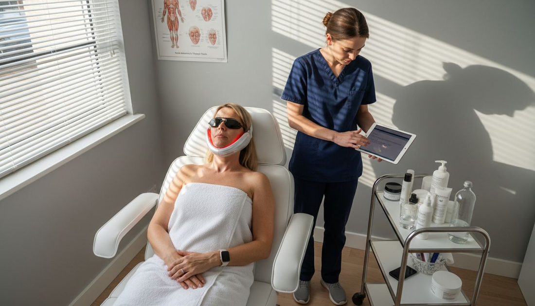 Client receiving LED facial therapy at clinic