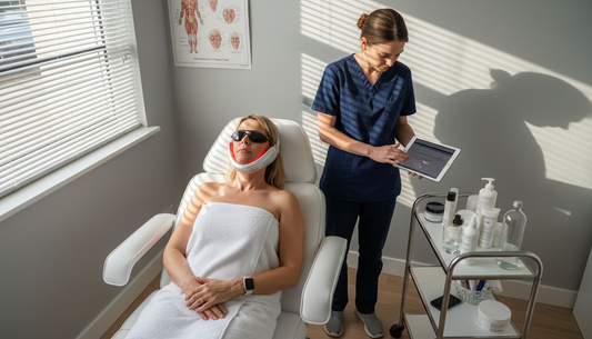 Client receiving LED facial therapy at clinic