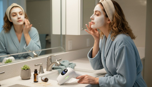 Woman applying facial mask in home bathroom