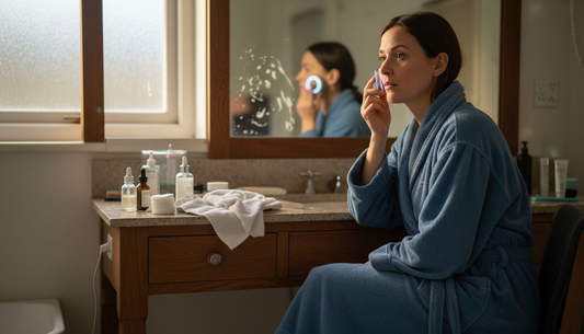 Woman using LED facial device at home