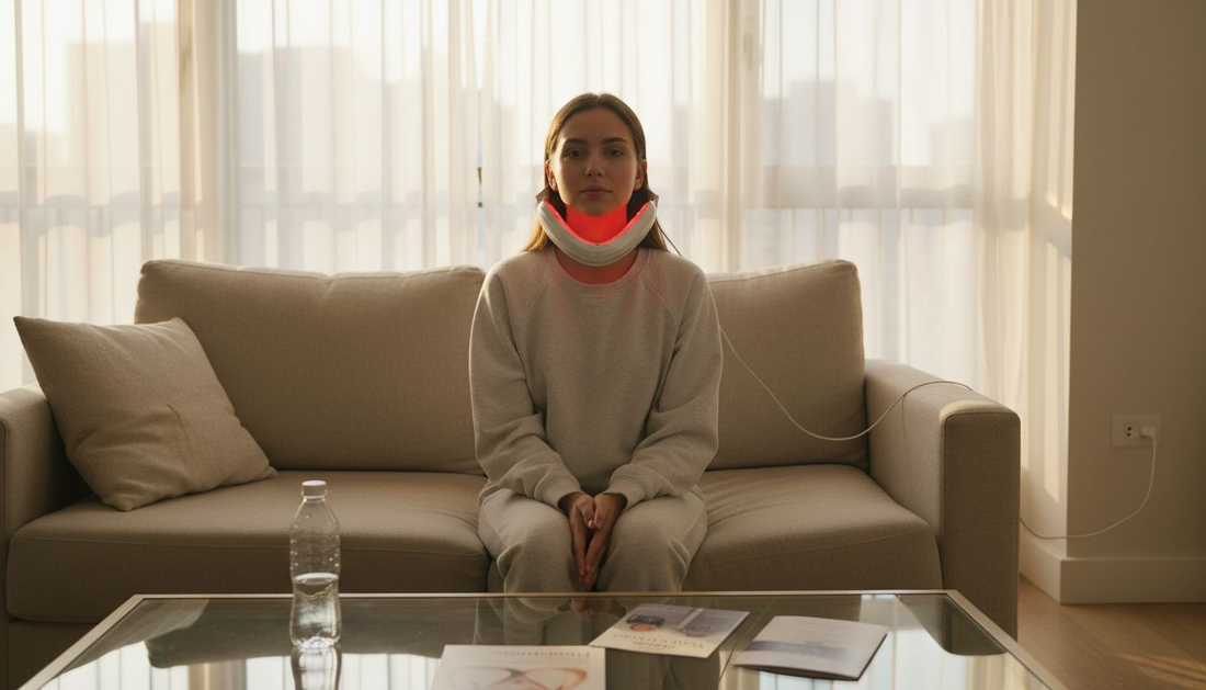 Woman wearing LED mask at home on sofa