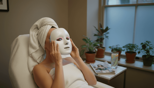 Woman using LED therapy mask in spa room
