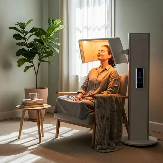 Person receiving light therapy in a calming wellness environment, showcasing the benefits of photobiomodulation
