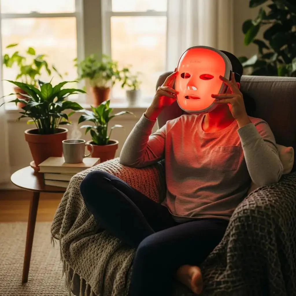 Person using red LED light therapy device in a cozy home setting, promoting wellness and relaxation