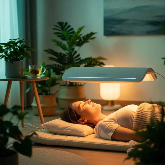 Wellness space with a person using a light therapy device, promoting health and relaxation